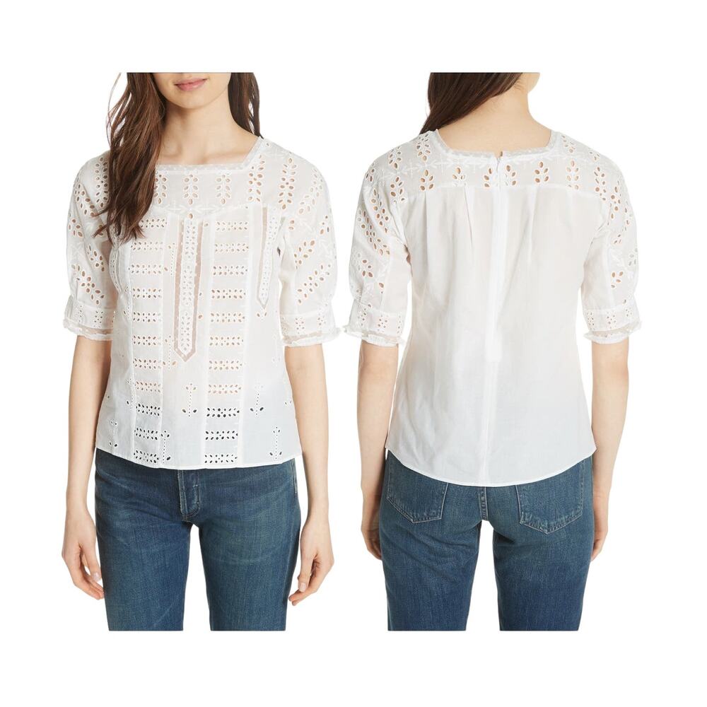 Maje Blouse Eyelet Lace White Cotton Short Sleeve Pullover